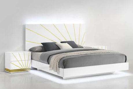 Side view of Safa White Gold LED Panel Bedroom Set showing bed and nightstands