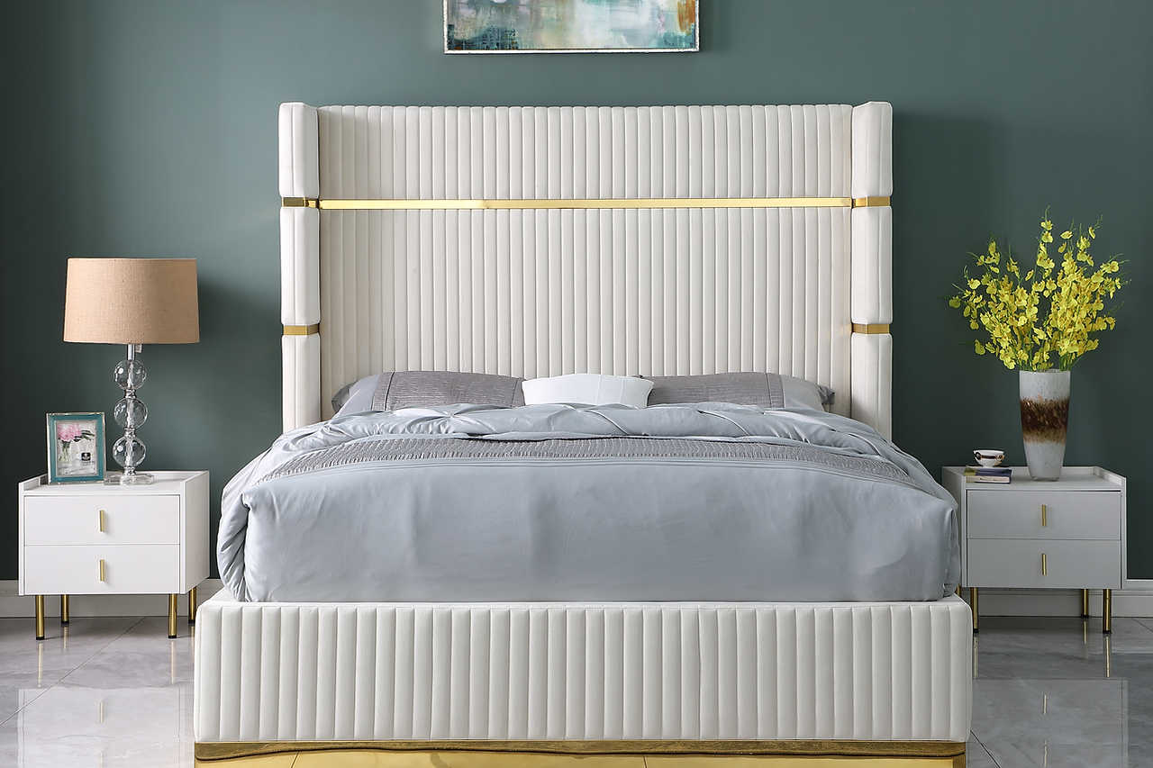 Aspen Cream Velvet Upholstered Platform Queen Bed