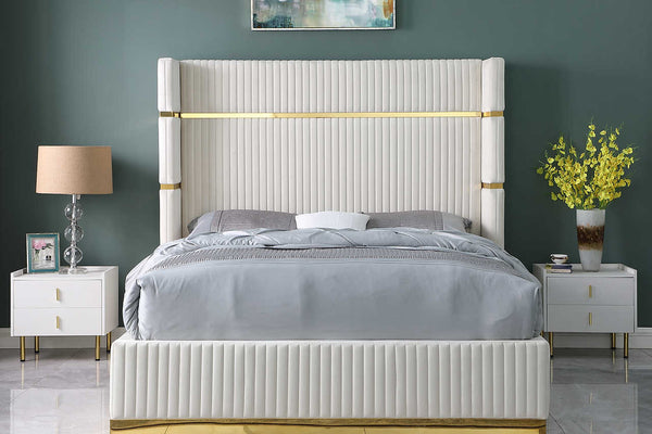 Aspen Cream Velvet Upholstered Platform King Bed front view