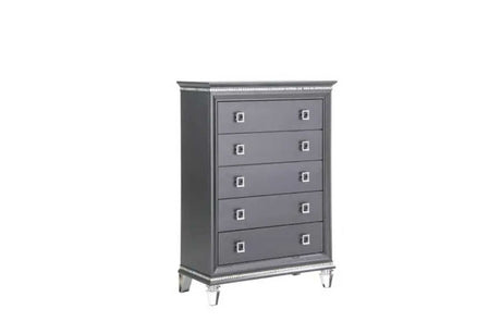 Front view of Madrid gray upholstered chest with LED lighting and crystal trim