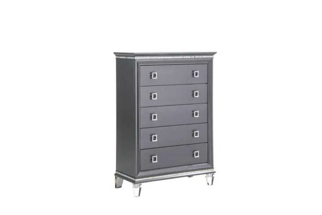 Front view of Madrid gray upholstered chest with LED lighting and crystal trim