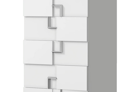 Infinity White 5-Drawer Chest side angle showing drawers