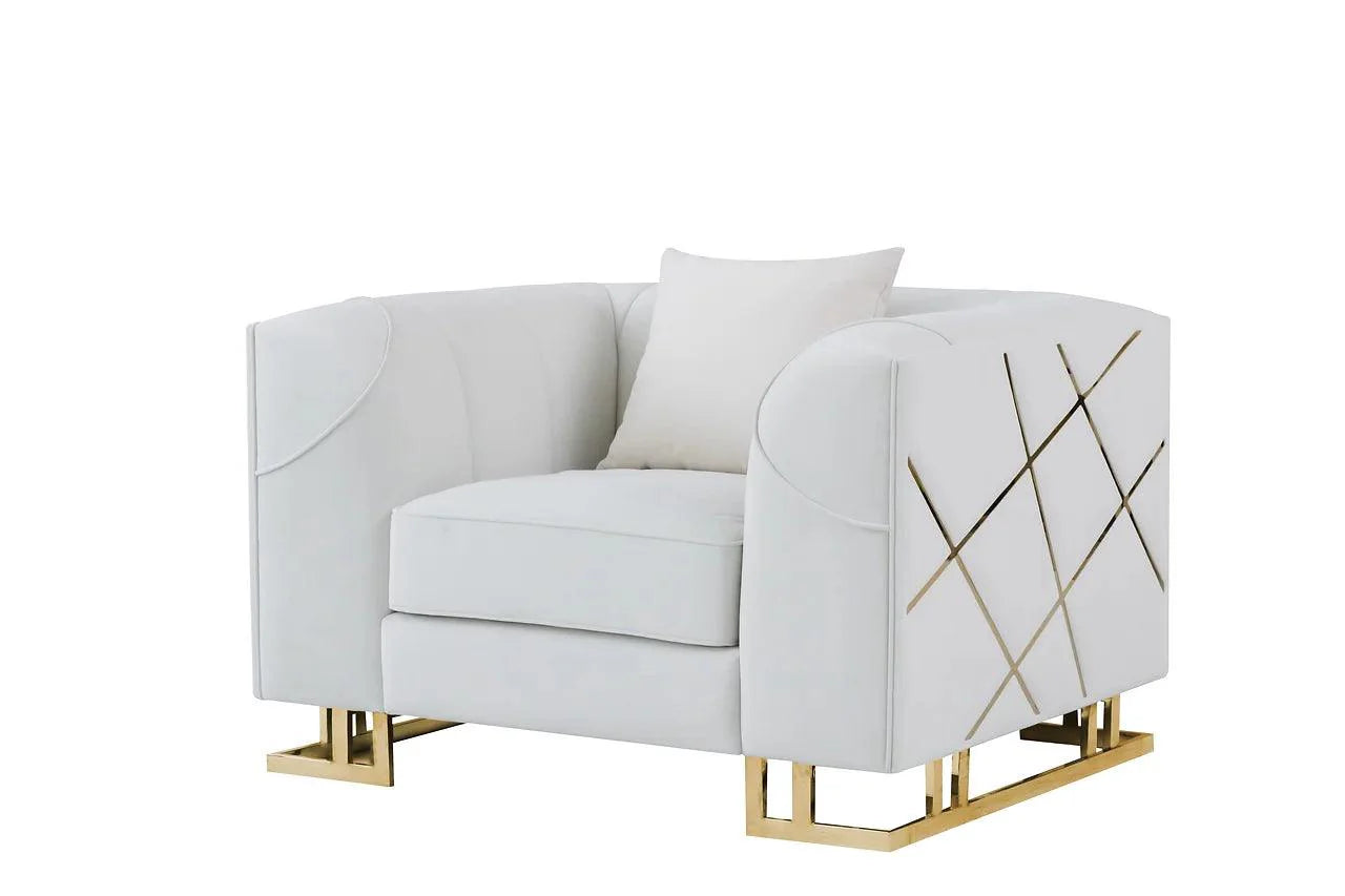 Designer Off-white velvet chair with gold legs, angled view