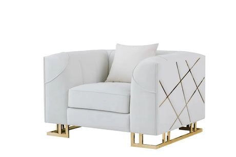 Designer Off-white velvet chair with gold legs, angled view
