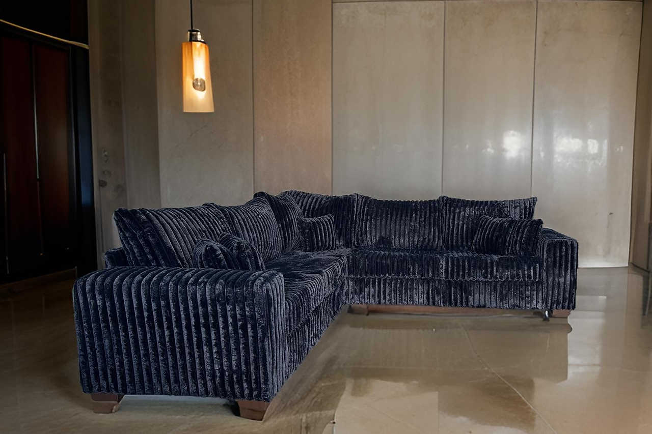 Detail of black corduroy fabric on Noah sectional