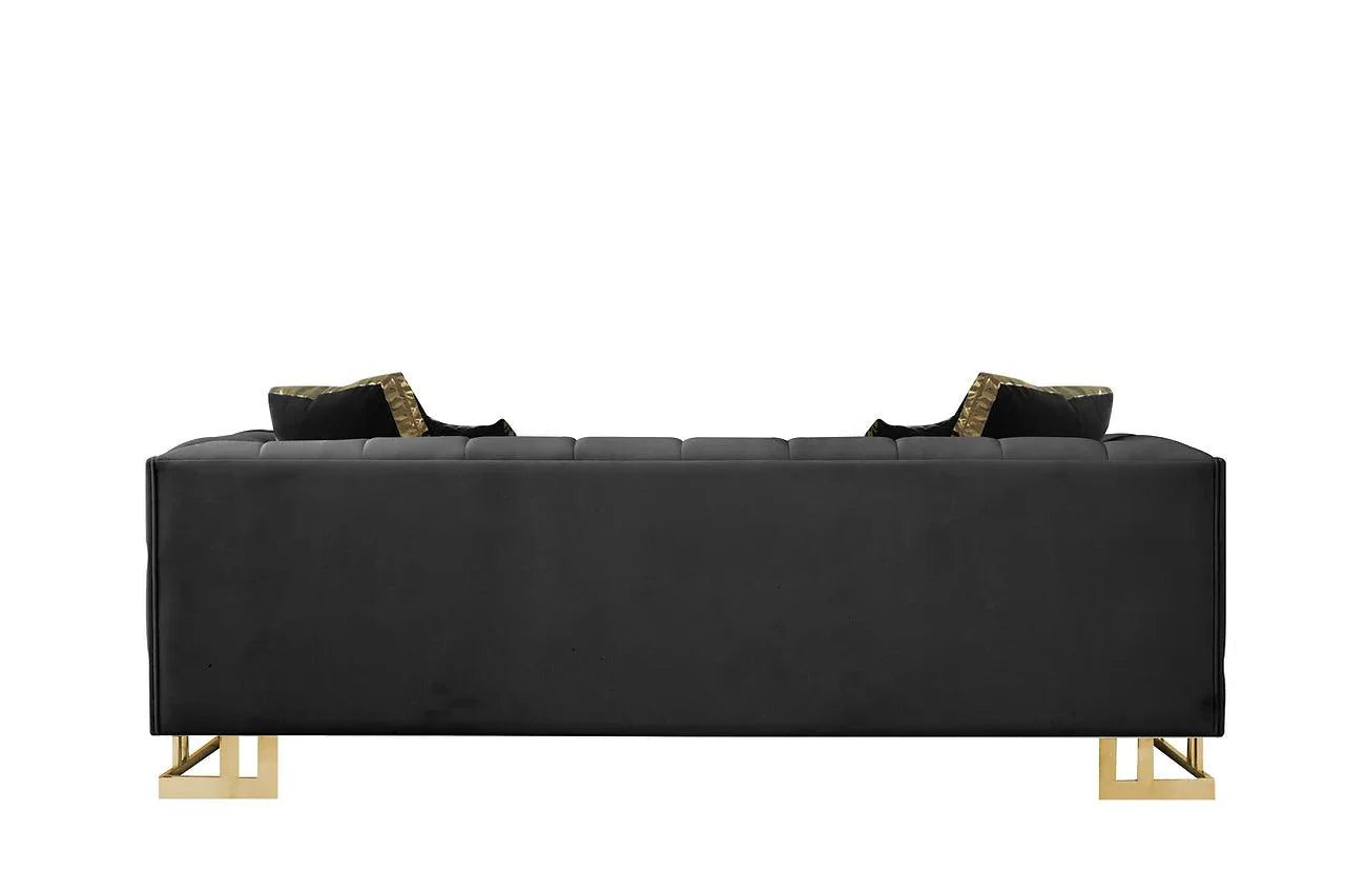 Black velvet sofa and loveseat set full view