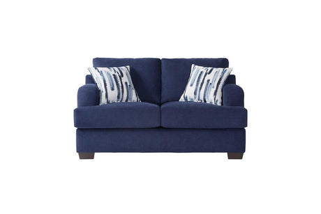 Front angle of Cameo Navy Blue Velvet Upholstered Loveseat featuring metal and solid wood frame