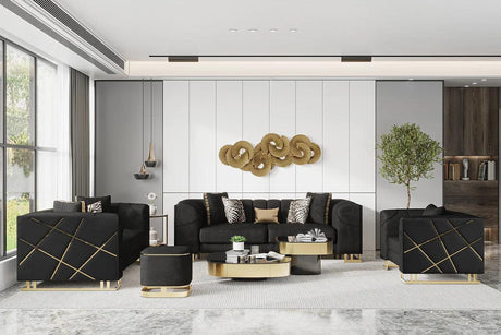 Black and gold velvet sofa set front view