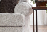 Marley Cloud Grey Blue Fabric Upholstered Loveseat side view highlighting upholstery and solid wood frame