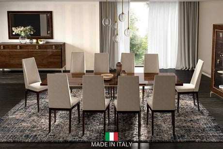 Eva Upholstered Dining Chair side view with walnut finish and brass legs