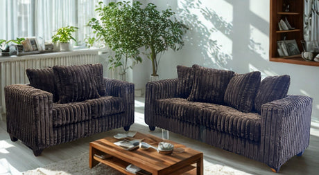 Gia Chocolate 2-Piece Living Room Set sofa and loveseat in brown corduroy from front angle