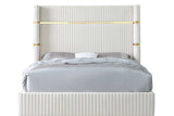 Side view of Aspen cream velvet upholstered platform queen bed