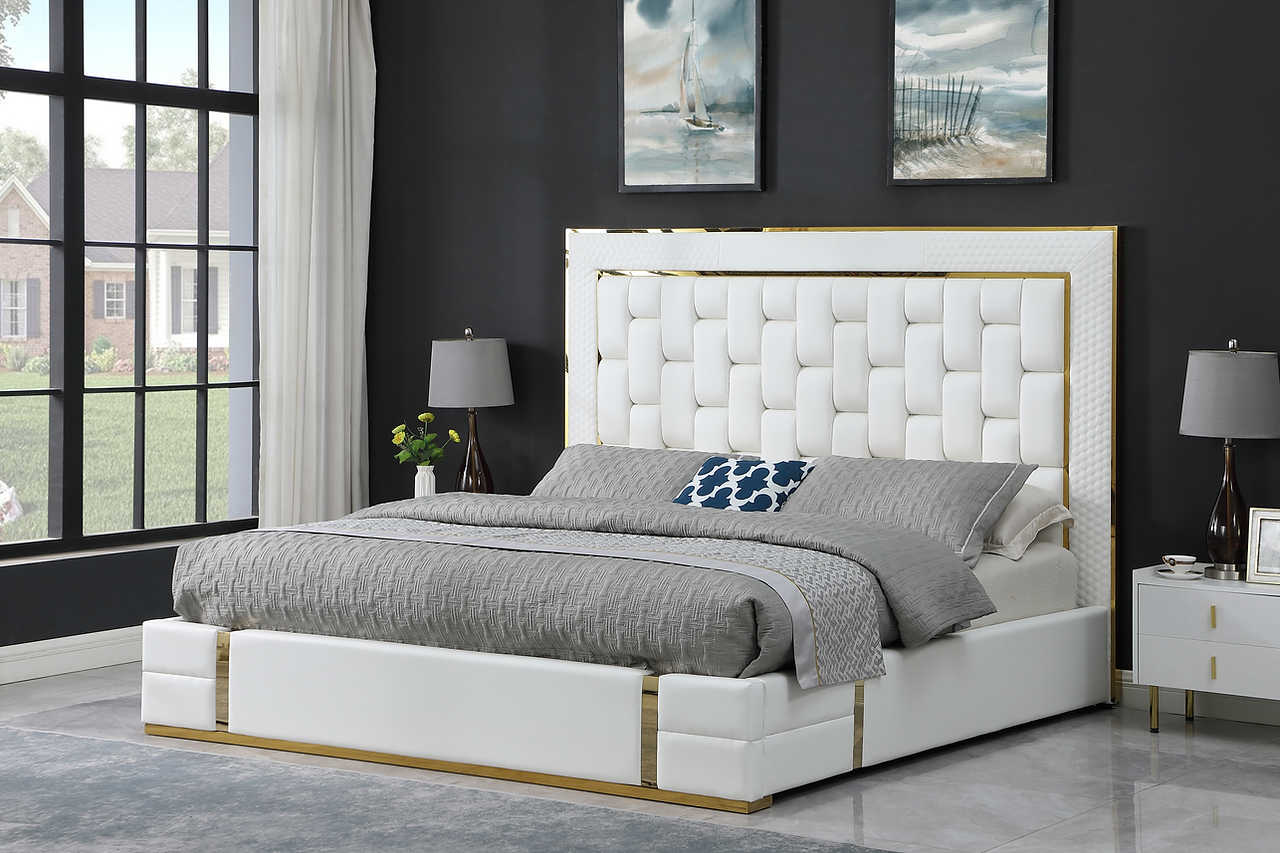 Side view of Marbella white queen platform bed with storage