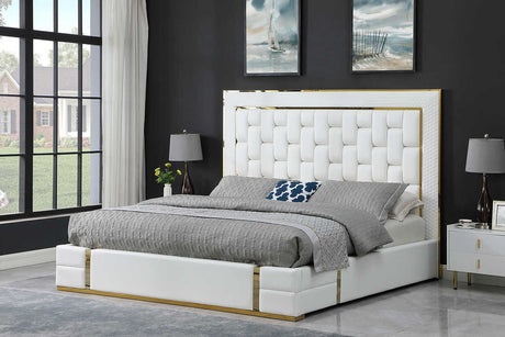Side view of Marbella white queen platform bed with storage
