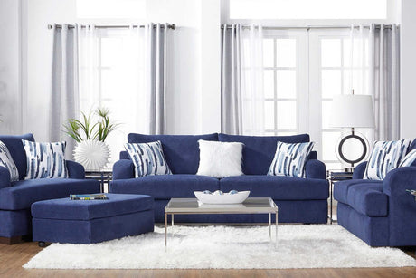 Cameo navy blue velvet upholstered sofa and loveseat set front view