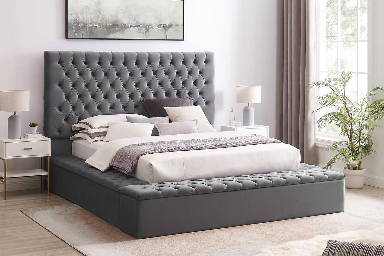Front view of Cataline Grey Velvet Tufted Queen Bed with storage compartments