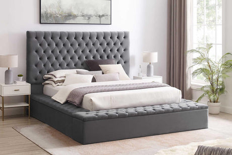 Front view of Cataline Grey Velvet Tufted Queen Bed with storage compartments