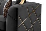 Side view of black and gold velvet loveseat