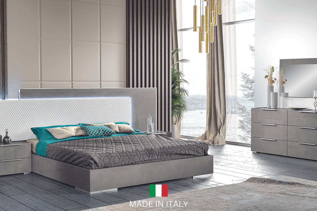 Fabiana Grey Modern Chest angled view showing marble top and high gloss lacquer