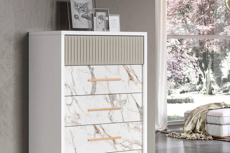 Cruz white and gray 5-drawer chest with marble top front view