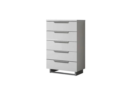 Kimera White Modern Contemporary High Gloss Lacquer Solid Wood 5-Drawers Chest, front angle view