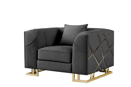 Black velvet accent chair with gold metal legs, front view