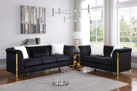 Front view of Fara Black and Gold Velvet Sofa and Loveseat Set