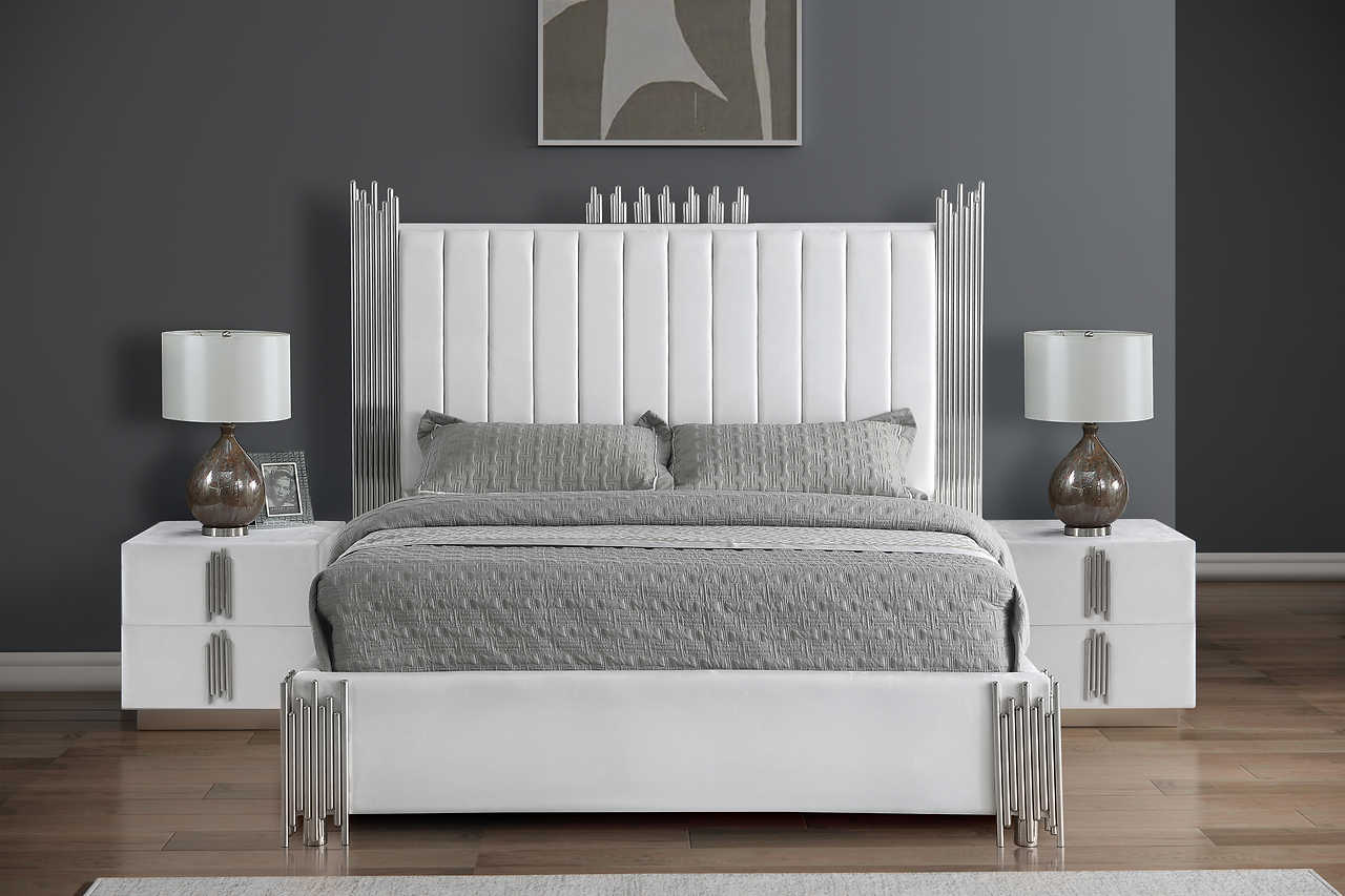 Side view of Token White Upholstered Panel Bedroom Set bed