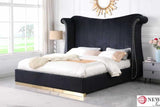 Close-up of headboard on Luna Black and Gold Velvet Upholstered Queen Bed