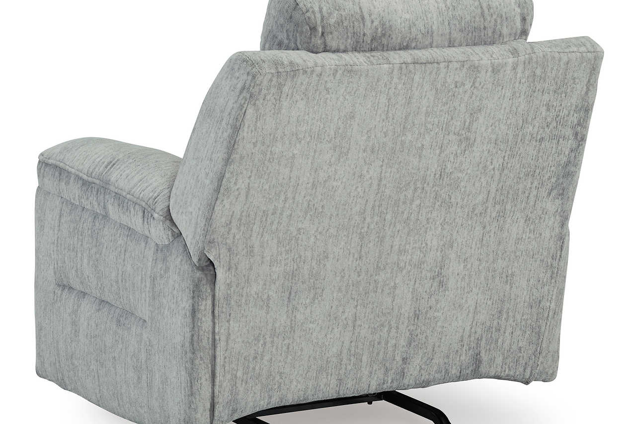 Buntington Light Gray Rocker Recliner showing reclined position