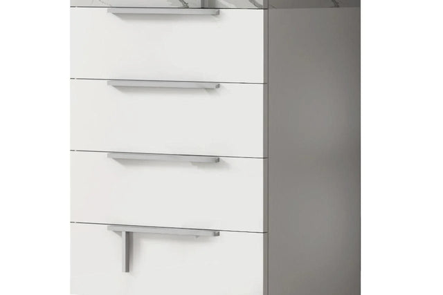 Front view of Sunset White Gray contemporary 5-drawer chest with marble top