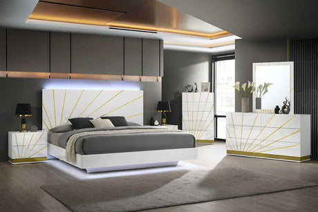 Main view of Safa White Gold LED Panel Bedroom Set queen bed with LED lighting