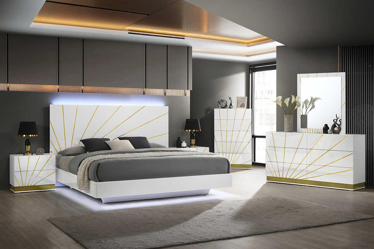 main view of Safa White Gold LED Panel Bedroom Set bed
