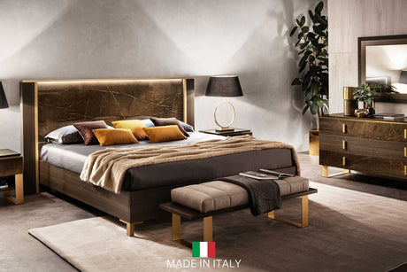 Essenza King LED Bed with brown finish and marble accents