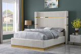 Close-up of cream velvet upholstery on Aspen platform queen bed