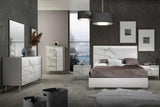 Bedroom view of Sofia White LED Panel Bedroom Set including dresser and nightstand