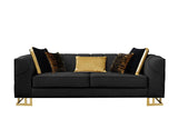 Modern black velvet chair angled view with gold legs