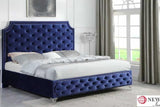 Leilah cream velvet tufted platform queen bed, angled shot