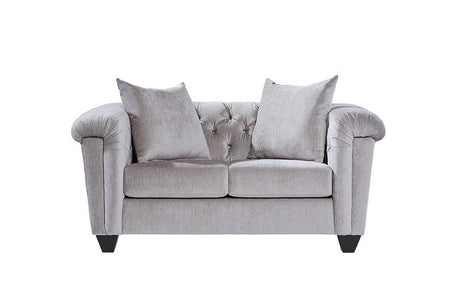 Lush Silver velvet tufted upholstered loveseat front view