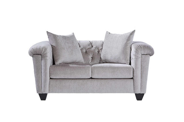 Lush Silver velvet tufted upholstered loveseat front view