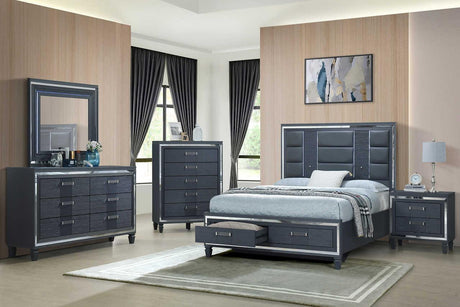 main view of Meg Gray Upholstered Storage Platform Bedroom Set king bed