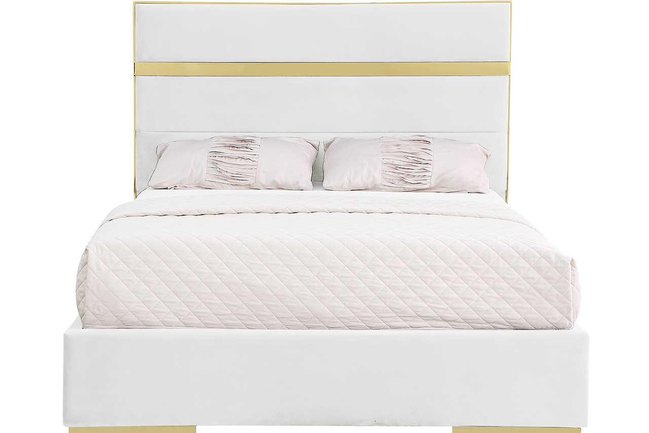 Cartier Ivory Gold Velvet Upholstered Platform Queen Bed, close-up of gold accents and upholstery