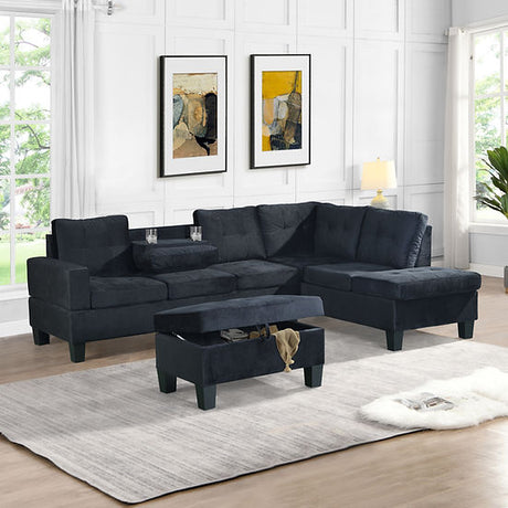 Allen Parkway black velvet sectional sofa angled view with storage ottoman