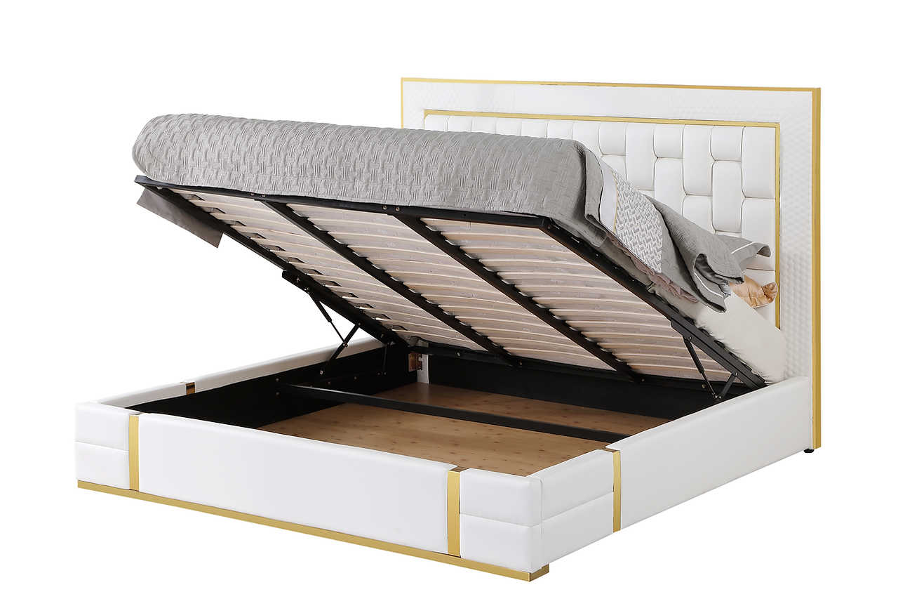Close-up of Marbella bed gold accents and storage drawer