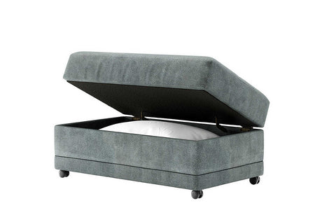 Capulet Bayou gray microfiber storage ottoman angled front view