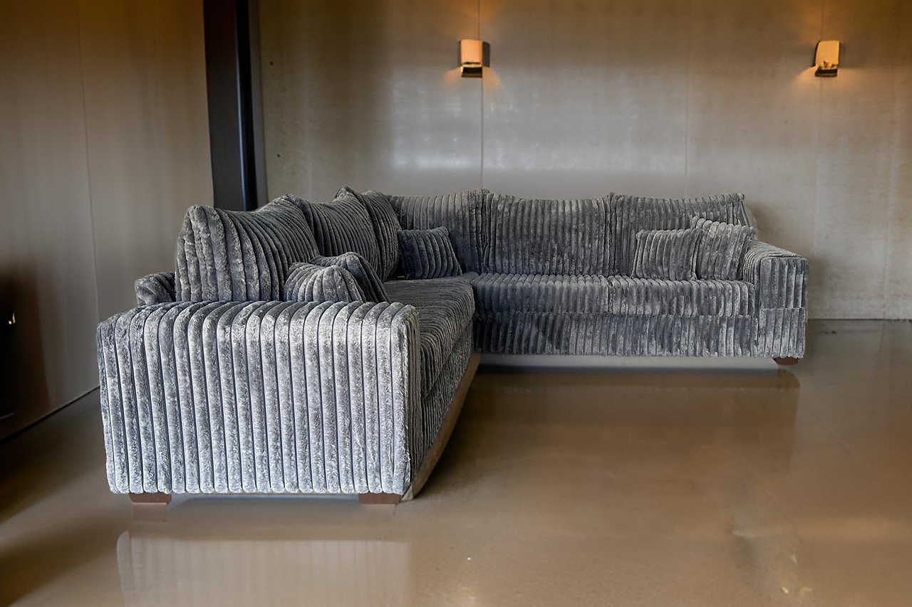 Detail of soft corduroy fabric on sectional sofa