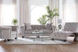 Front view of Lush Silver velvet tufted sofa