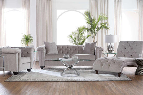 Front view of Lush Silver velvet tufted sofa