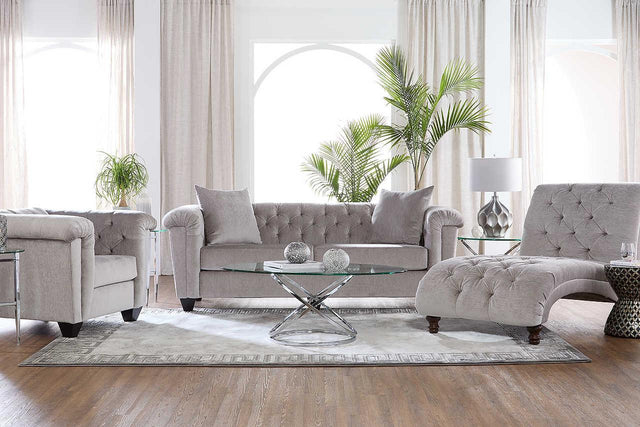 Front view of Lush Silver velvet tufted sofa