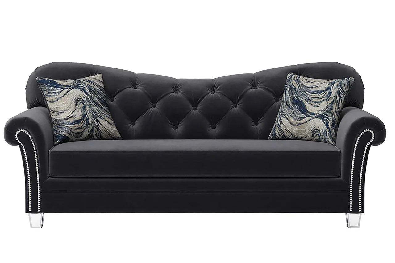 Side angle of Bing black velvet tufted sofa and loveseat set